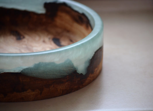 Handmade Oak Epoxy Bowl - Cyan Design by Timberflow